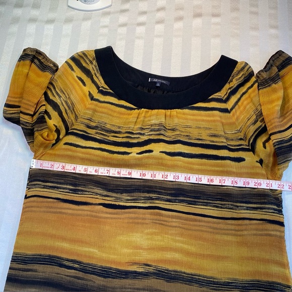 Anne Klein Silk Black Gold Abstract Stripe Pullover Blouse w/3/4 Elastic Sleeves - Picture 4 of 13
